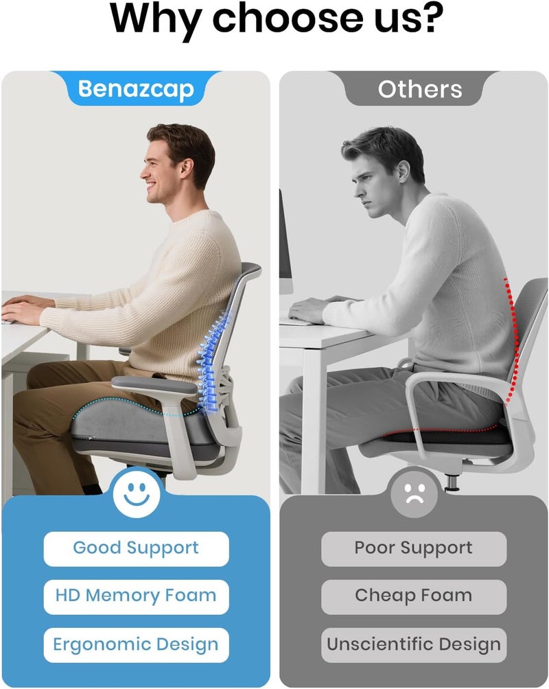 Benazcap Seat Cushion - Memory Foam Car Seat Pad - Sciatica & Lower Back Pain Relief - Car Seat Cushions for Driving - Road Trip Essentials for Drivers, Grey - Image 5
